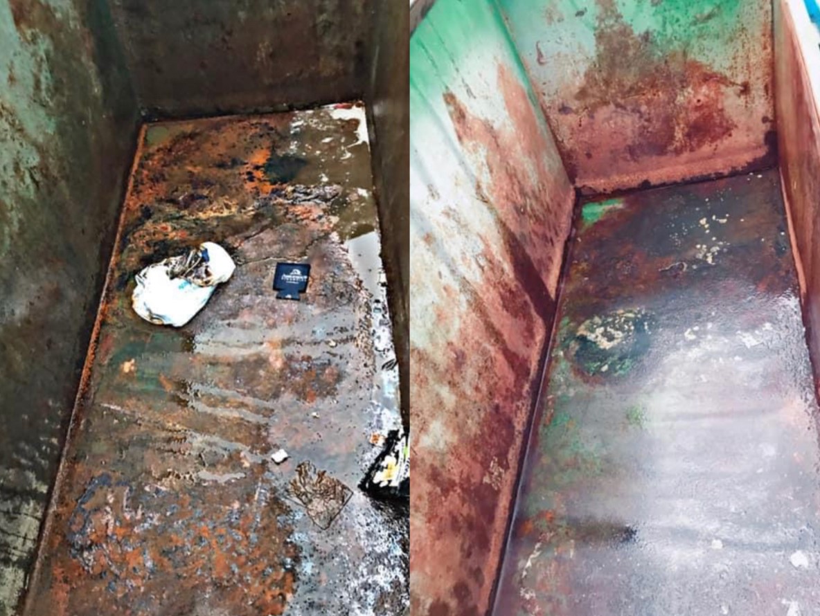 Before & after comparison of trash bin cleaning, with cleaning efficiency.