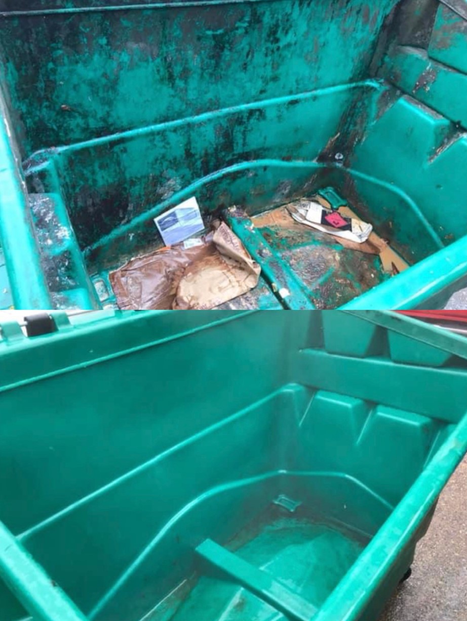 Before & after image of cleaned trash bin, showing cleaning results.